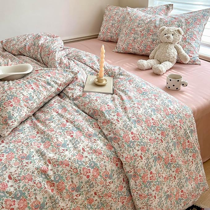 EAVD Boho Floral Comforter Set Twin XL Girls Soft Microfier Chic Shabby Pink Floral Bedding Set with 2 Pillowcases French Style Garden Botanical Comforter for All-Season