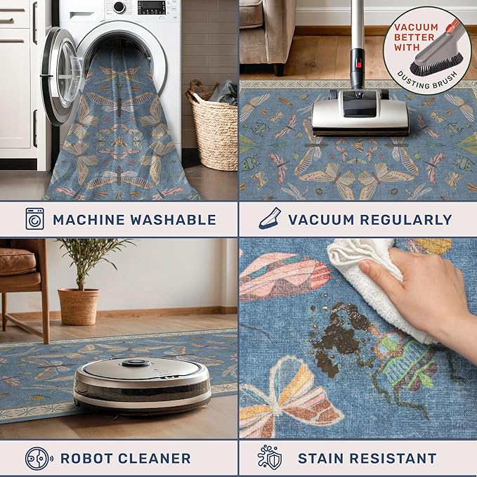 Boho Non Slip Kitchen Rug Runner - 2x5 Blue Washable Thin Rug for Bathroom, Laundry Room, Hallway, Non Slip with Rubber Backing, Insect Print Unique Runner