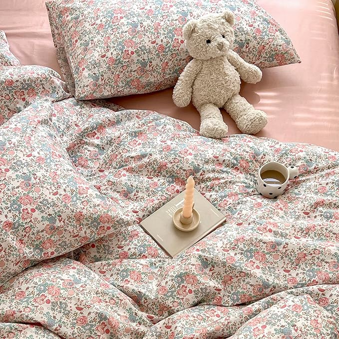 EAVD Botanical Floral Comforter Set King Soft Microfiber Chic Shabby Pink Floral Bedding Comforter Set with 2 Pillowcases French Style Botanical Comforter Set for All-Season