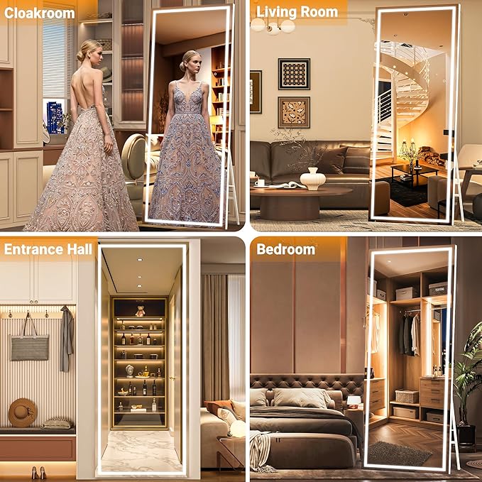 Full Length Mirror with Lights, 79" x 36" LED Lighted Floor Standing Mirror, Tempered Glass, Square White