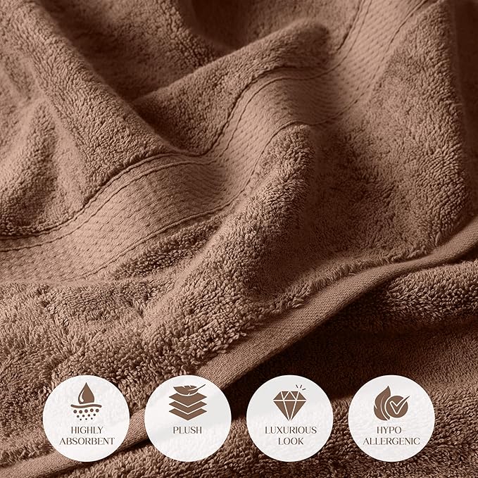 Superior Egyptian Cotton Pile Bath Towel Set of 2, Ultra Soft Luxury Towels, Thick Plush Essentials, Absorbent Heavyweight, Guest Bath, Hotel, Spa, Home Bathroom, Shower Basics, Chocolate