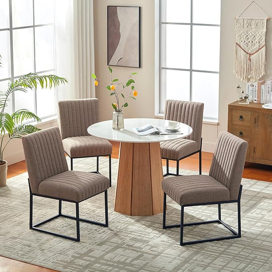 VKNOW Upholstered Dining Chairs Set of 4, Modern Dining Room Chairs with Stripe, Linen Kitchen Chair Dinner Chair with Black Metal Base for Kitchen Office, Brown
