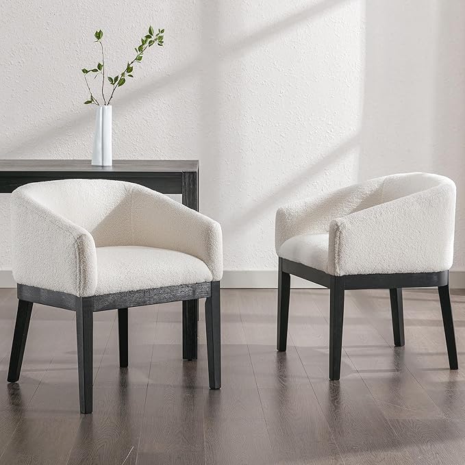 White Mid Century Modern Dining Chairs Set of 4, Farmhouse Boucle Upholstered Accent Curved Backrest Kitchen Chairs Armchairs with Black Wood Legs, White