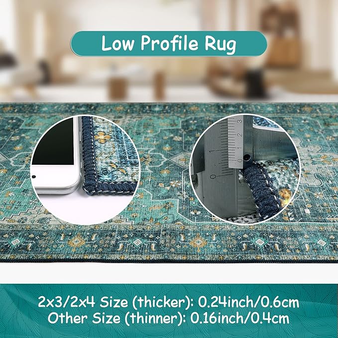Moynesa Ultra-Thin Washable Area Rug - 4x6 Teal Living Room Rug Oriental Rugs for Bedroom, Non Slip Non Shedding Low Pile Entryway Carpet for Bedroom Dressing Room Office