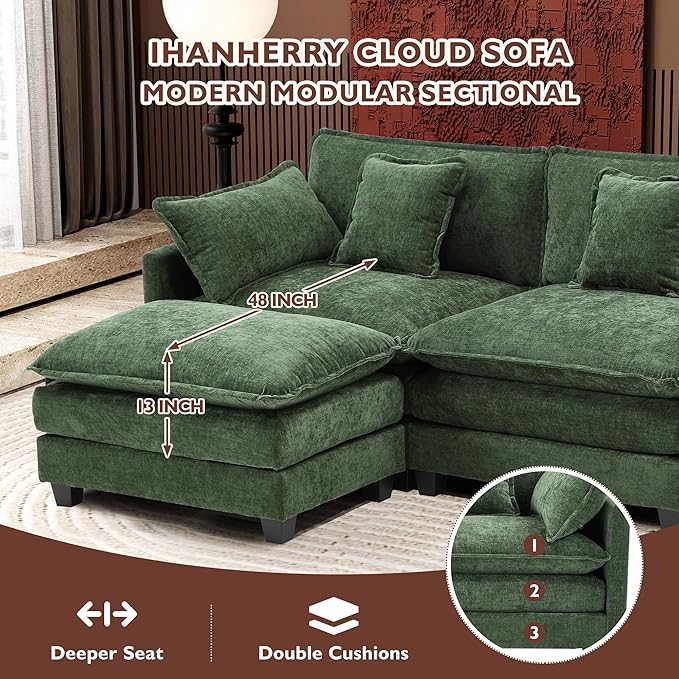 Ihanherry 77" L Shaped Modern Sofa Modular Sectional Cloud Couch with Ottoman, 3-Seat Chenille Deep Seat Sofa with Pillow for Living Room, Bedroom and Apartment, Green