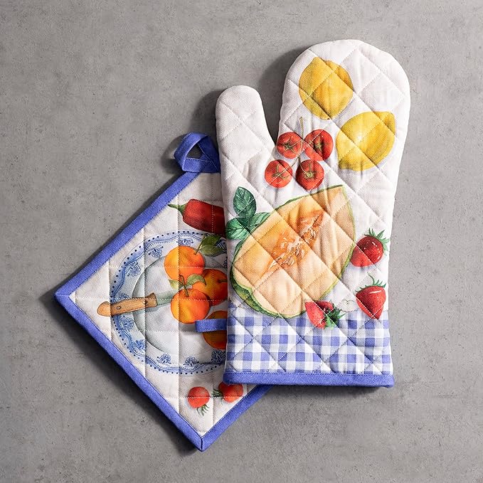 Maison d' Hermine 100% Cotton Oven Mitt & Pot Holder Set (7.5"x13" & 8"x8") Heat Resistant BBQ Cooking Gloves with Loop, Baking, Grilling, Kitchen, Handling Hot Pans Spring/Summer (Gourmand)