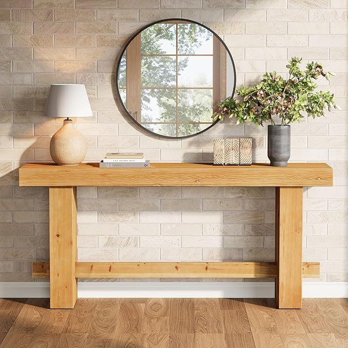 Tribesigns Console Table, 63" Solid Wood Farmhouse Sofa Table with Storage for Living Room, Narrow Entryway & Hallway Accent Table Behind Couch, Natural Wood Finish