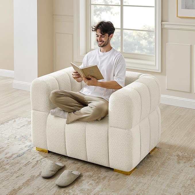 VANOMi Sofa and Chair Set, Modern Deep Seat Couch & Boucle Sofa Chairs, Oversized Upholstered Couch Sets for Living Room, Apartment, Office, Bedroom, White (3 Pieces)