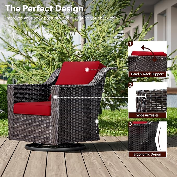 5 Pieces Wicker Patio Furniture, Luxury Outdoor Furniture with 2 Patio Swivel Chair, 2 Patio Ottoman and 1 Side Table, Wide Armrest, Thickened Cushions, Ideal for Deck, Porch Use