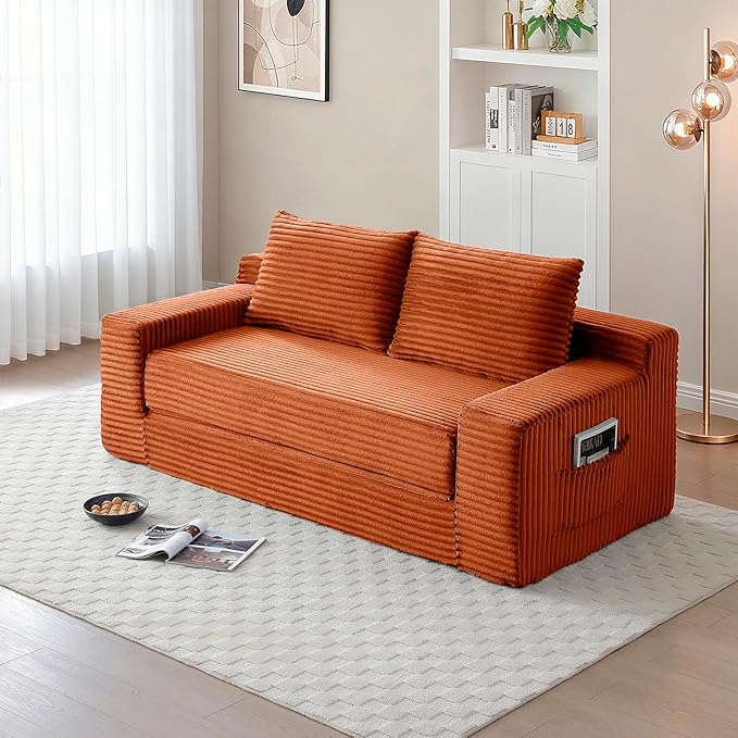 73" Cloud Loveseat Sofa Couch in a Box, 2 Seater Boneless Couch, Convertible Pull Out Sofa Bed with Pillows, No Assembly, Memory Foam, Modern Small Couches for Small Spaces (A-Orange)