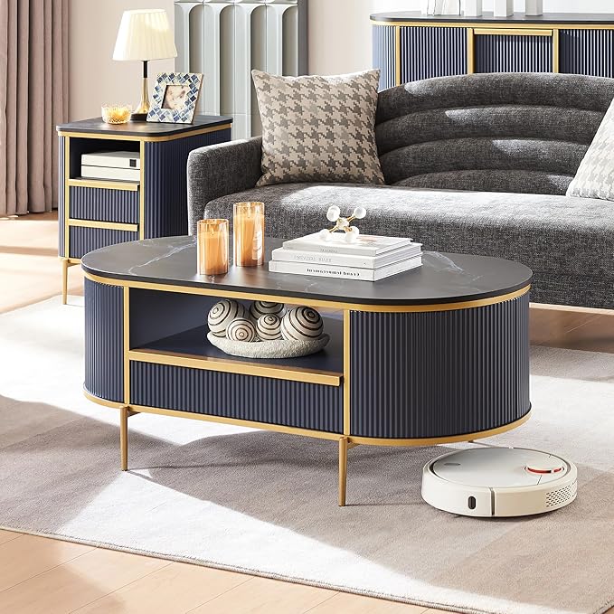 OKD Modern Luxury Fluted Coffee Table, 48" Oval Coffee Table with Drawer, Faux Marble Top, Curved Profile Design, Gold Metal Decor, Center Table for Living Room, Navy Blue
