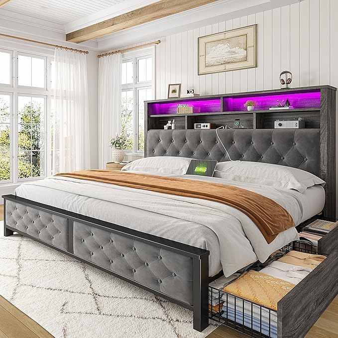 EnHomee King Size Bed Frame with 4 Drawers and Upholstered Storage Headboard,Wooden King Bed Frame with Charging Station and LED Lights,NO Noise,No Box Spring Needed,Gray