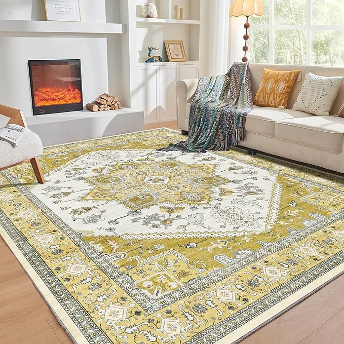 OPPODREAM Thin Area Rugs 3x5, Washable Rugs with Non Slip Backing, Low-Pile Throw 3x5 Carpet, Faux Cashmere 3 x 5 Carpet, Yellow