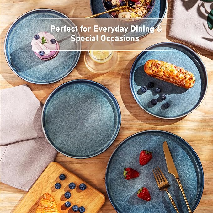 GBHOME Stoneware Dinnerware Sets for 6,Round Reactive Glaze Ceramic Plates and Bowls Set,Highly Scratch Resistant | Dishwasher & Microwave Safe Dishes Set,Service for 6(18Pcs),Ceylon Blue