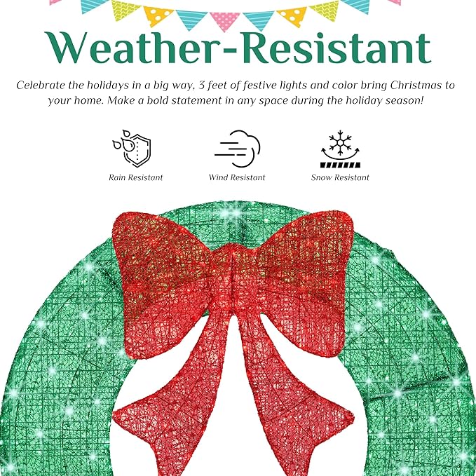 Sweetcrispy 48in Pre-Lit Christmas Wreath, LED Lighted Holiday Outdoor Decoration with Bow for Door, Mantel, Wall, Windows, Front Door Decor, Green Wreath - Red Bow