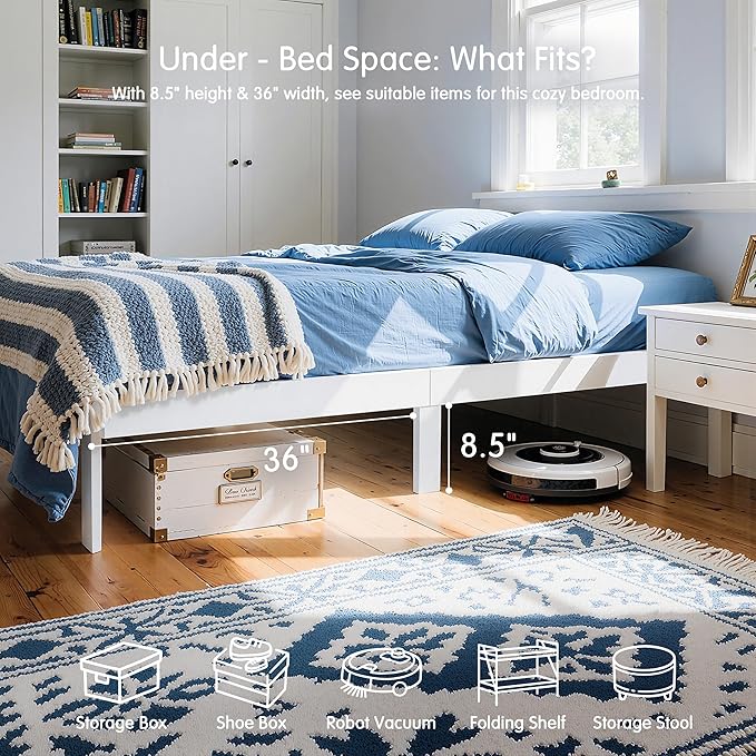 Hokway Wood Queen Bed Frame-No Wobble,Noise-Free,Easy Assembly with Precise Holes,12 in Wood Slat Support,No Box Spring Needed,White