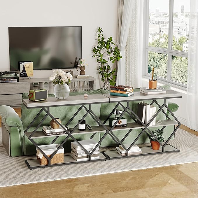 Garvee 3-Tier Entryway Table, Industrial Console Sofa Table with Storage, Accent Table with Open Shelves, Diamond-Shaped Metal Frame, Foyer Table for Entryway, Hallway, Gray