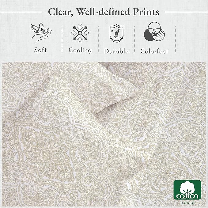 California Design Den Deep Pocket Twin Sheets Set - 400 Thread Count Sateen, Natural 100% Cotton Sheets, Cooling and Durable Bedding Set - Paisley Beige