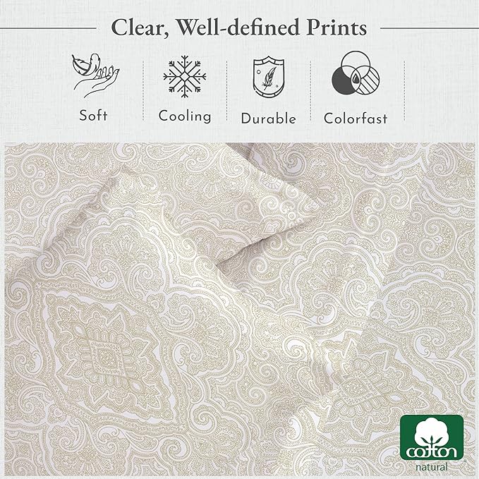California Design Den Full Size Bed Sheets Set - 400 Thread Count Sateen, Natural 100% Cotton Sheets, Deep Pocket Cooling and Durable Bedding - Paisley Pattern, Beige