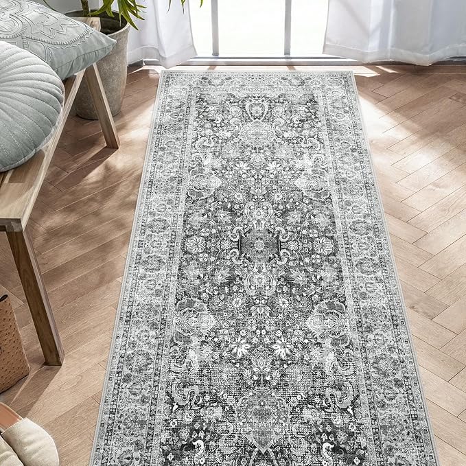 Grey Rug Runner 3x7 Ft Washable Hallway Runner Rug Runner Non-Slip Boho Vintage Runner Rugs with Rubber Backing Soft Distressed Carpet for Kitchen Bedroom