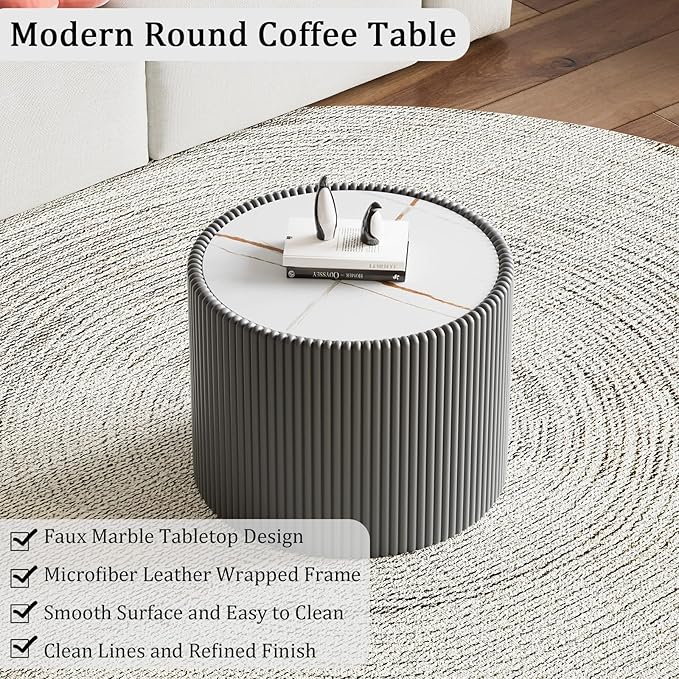 Grey Round Coffee Table with Sintered Stone Tabletop, 17.71" Drum Coffee Table with Fluted PU Leather Covered and Stable Base, Circle Cocktail Tea Table for Living Room