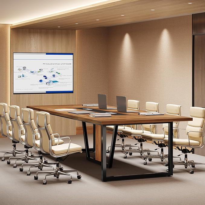 LITTLE TREE 8FT Conference Table for 10 People, Large Meeting Table, Modern Conference Room Tables with Cable Management, Training Tables with Strong Metal Legs for Office, Brown