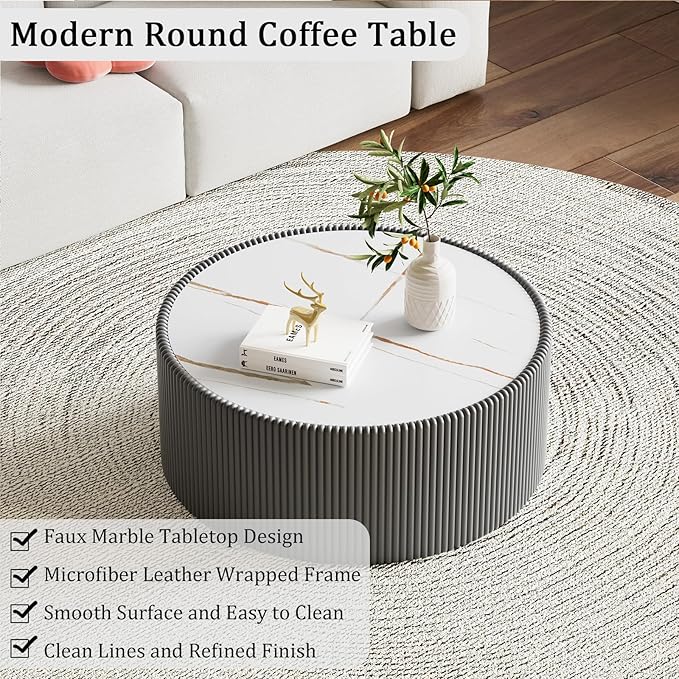 Grey Round Coffee Table with Sintered Stone Tabletop, 29.52" Drum Coffee Table with Fluted PU Leather Covered and Stable Base, Circle Cocktail Tea Table for Living Room