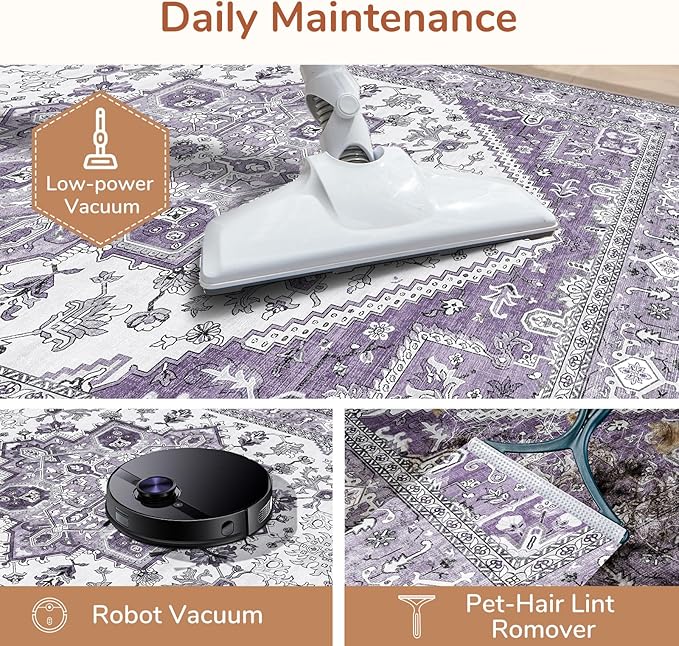 OPPODREAM Thin Area Rugs 5x7, 5x7 Washable Rug with Non Slip Backing, 5 x 7 Faux Cashmere Low-Pile Carpet, Purple