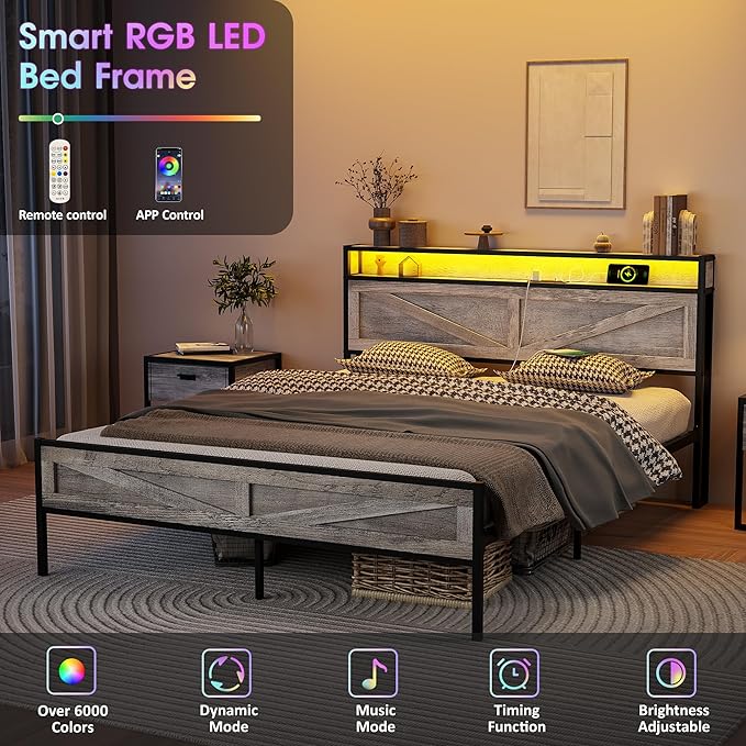 Vabches Full Size Bed Frame with Headboard and Charging Station, Wash Grey Platform Bed Frame with Led Light, No Box Spring Needed, Noise Free Farmhouse Bedroom Set