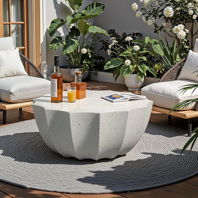 35" Outdoor Round Coffee Table Modern Stylish Design Waterproof & Moisture-Proof No Assembly Required Outdoor Coffee Table for Patio, Garden, Backyards - US Warehouse (White)