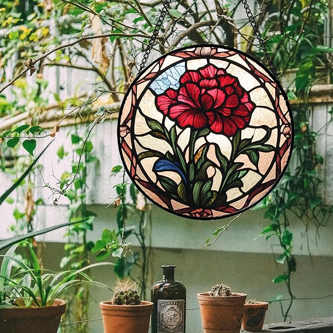 Stained Glass Window Hanging - Red Carnation Birth Flower Sun Catcher for Door Garden Home Decor Suncatcher Christmas Mother's Day Birthday Gifts for Women Men Mom Nana Friend Wife 7.8 in