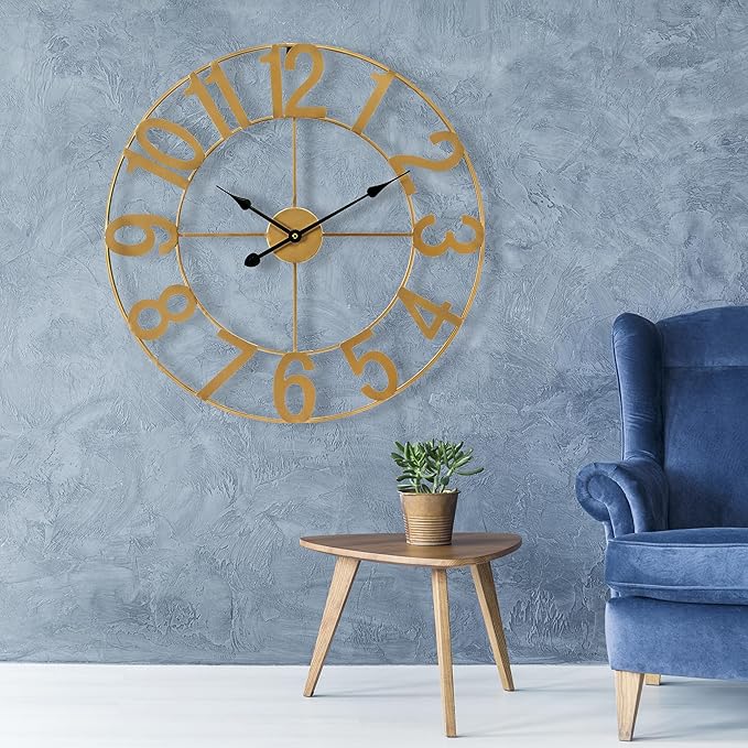 Sorbus 24-Inch Large Wall Clock – Decorative Gold Metal Clock with Black Hands – Silent, Battery Operated, Modern Wall Decor for Living Room, Kitchen, or Office – Great Gift for Housewarming or Office