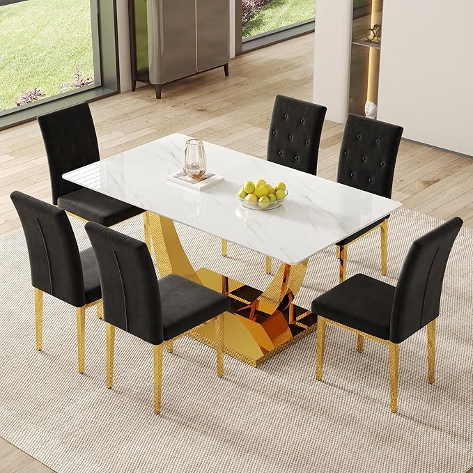 63" Modern Dining Table Set for 6, White Dining Room Set for 6, Tempered Glass Kitchen Table and PU Leather Chairs, Marble Pattern Top with Sturdy Gold Chrome Base
