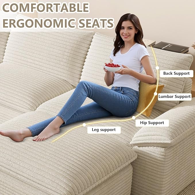 111" Cloud Sectional Couch with U-Shaped Chaise, Corduroy Sectional Sofa with Ottoman, Boneless Couch with Deep Seat in a Box for Living Room, No Assembly Required (White)