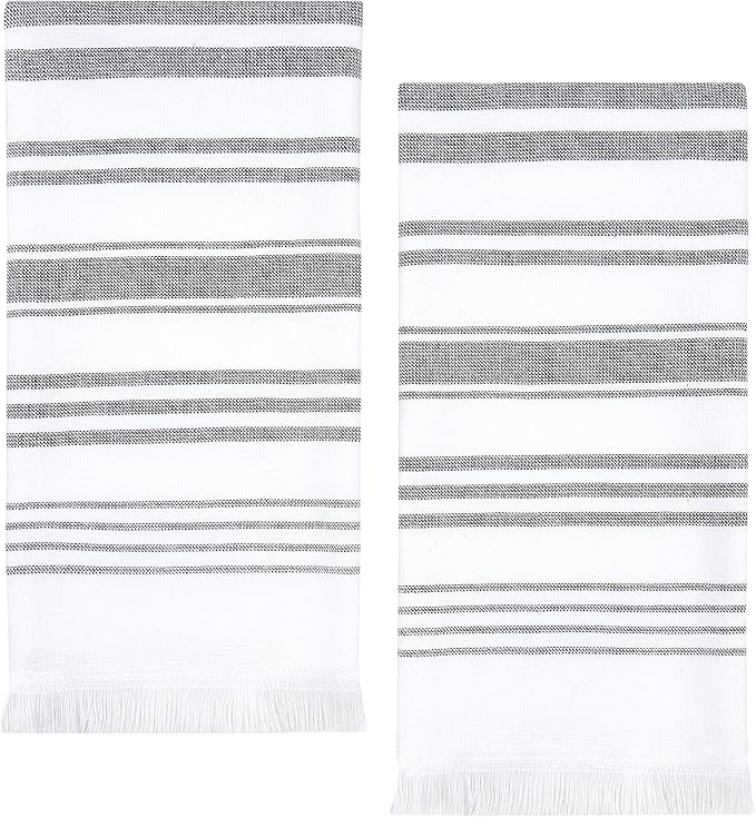 Sticky Toffee Hand Towels for Bathroom Set of 2 – 28x16 in White and Gray Striped Turkish Towels, Soft and Absorbent Decorative 100% Cotton Bath Towels