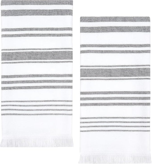 Sticky Toffee Hand Towels for Bathroom Set of 2 – 28x16 in White and Gray Striped Turkish Towels, Soft and Absorbent Decorative 100% Cotton Bath Towels