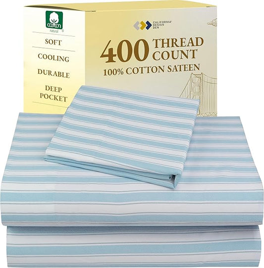 California Design Den Printed Twin XL Sheet Sets - 400 Thread Count Sateen, Natural 100% Cotton Sheets, Deep Pockets, Cooling and Durable Bedding Set - Cape Stripe