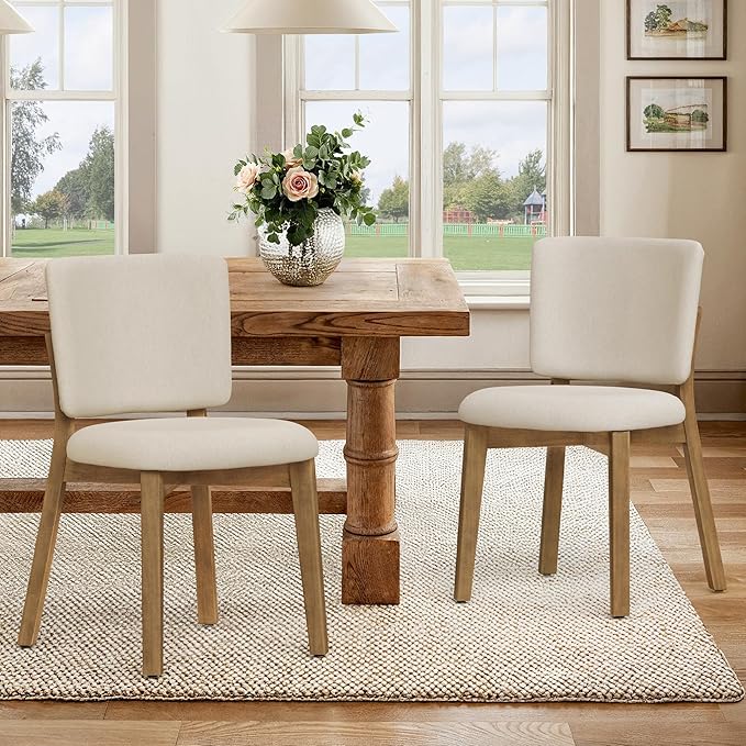 LUE BONA Wooden Dining Chairs Set of 4, Comfortable Wide Back Kitchen Side Chairs, Strong Thick Legs for Modern Farmhouse Dining Room, Linen Upholstered and Natural Wood Legs