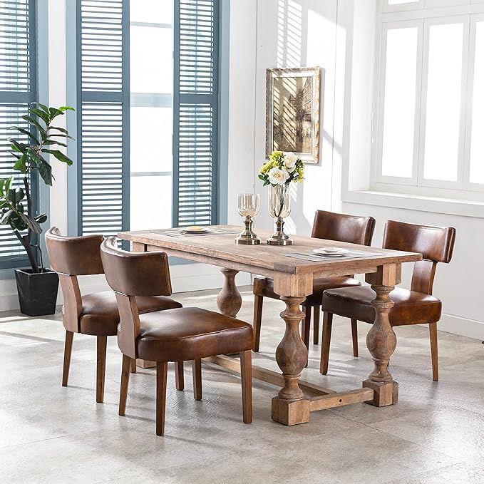 Mid Century Modern Dining Chairs Set of 2 PU Leather Upholstered Side Chairs, Modern Kitchen Armless Parson Chairs Solid Wood Dining Chairs, Brown