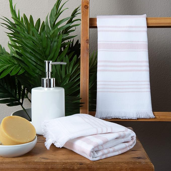 Sticky Toffee Hand Towels for Bathroom Set of 2 – 28x16 in White and Blush Pink Striped Turkish Towels, Soft and Absorbent Decorative 100% Cotton Bath Towels