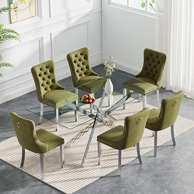 Goujxcy Glass Dining Table Set for 6, Modern Kitchen Table and Chairs Set of 6, 7-Piece Kitchen Dining Room Table Set w/61 Glass Silver Dining Table and 6 Green Velvet Upholstered Chairs