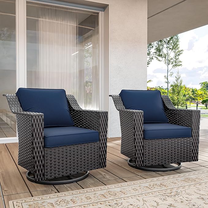 Outdoor Swivel Chairs Set of 2, Luxury Wicker Patio Chair with Wide Armrest, Thickened Cushions, Outdoor Rattan Furniture for Deck, Porch Use