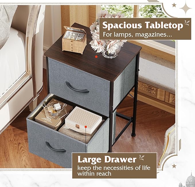WLIVE Night Stand, Small Dresser with 2 Drawers & Wooden Top, Nightstand with Fabric Bins, Bedside Table End Table for Bedroom, Closet, Entryway, College Dorm, Charcoal Black