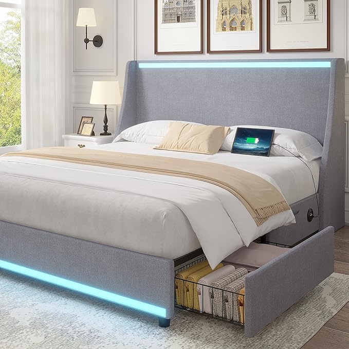 VECELO Full Size Bed Frame with Storage Drawers, Upholstered Platform Bedframe with Wingback Headboard, No Box Spring Needed, Light Grey