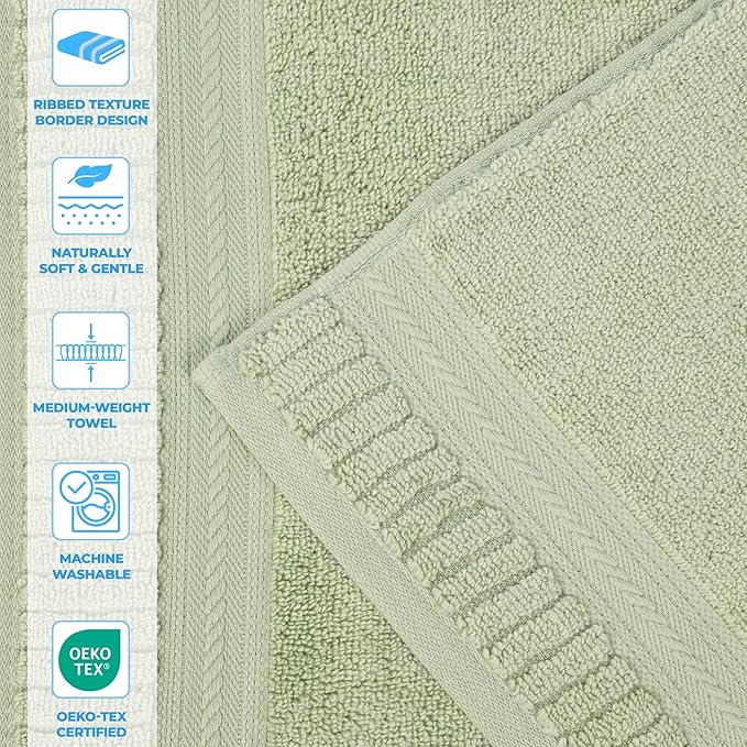 Superior Venice Zero Twist Cotton Medium Weight Towels, for Guest Bath, Bathroom, Shower, Spa, Plush Towels, Bath Essentials, Ribbed Textured Border, Bath Towels, Set of 2, Green