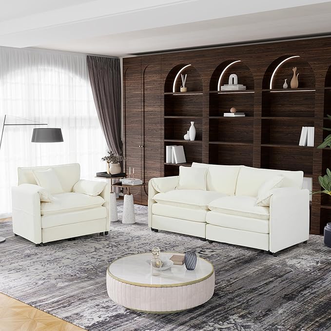 Chenille Sofa Set for Living Room, Modern Deep Seat Sofa Chair and Oversized 3-Seater Cloud Couch for Bedroom, Office, Apartment, Furniture Set