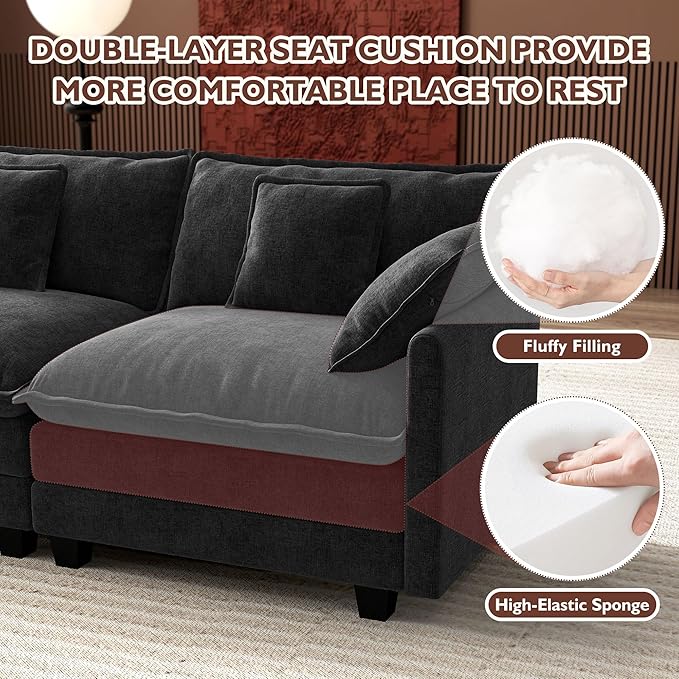 Ihanherry 114" V-Shaped Modern Sofa Modular Sectional Cloud Couch with 2 Ottoman, 7-Seat Chenille Deep Seat Sofa with Corner Section for Living Room, Bedroom and Apartment, Black