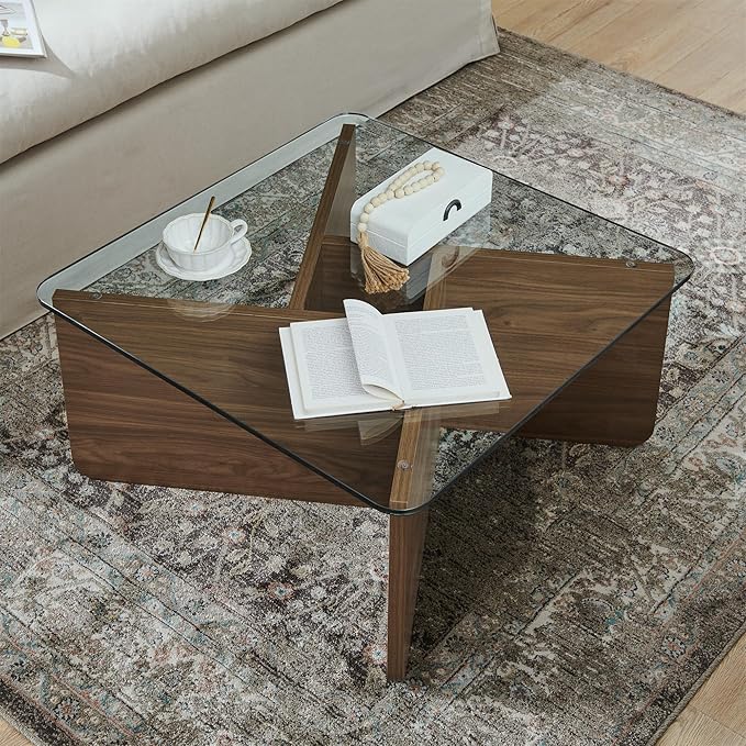 LKTART 31.5" Glass Coffee Table, MDF Mid-Century Modern Square Coffee Table with Tempered Glass Top, Square Center Tables for Small Space Living Room Office Apartment, Walnut