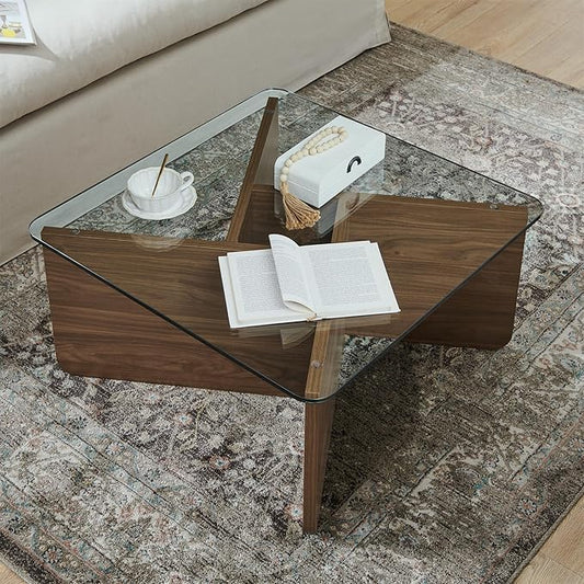LKTART 31.5" Glass Coffee Table, MDF Mid-Century Modern Square Coffee Table with Tempered Glass Top, Square Center Tables for Small Space Living Room Office Apartment, Walnut