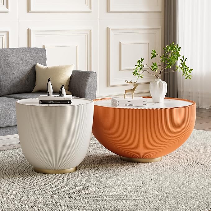 Orange Round Coffee Table with Sintered Stone Tabletop, 29.53" Drum Coffee Table with Fluted PU Leather Covered and Metal Base, Circle Cocktail Tea Table for Living Room